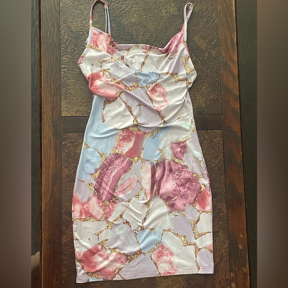Petite Marble Print Cowl Neck Bodycon Dress